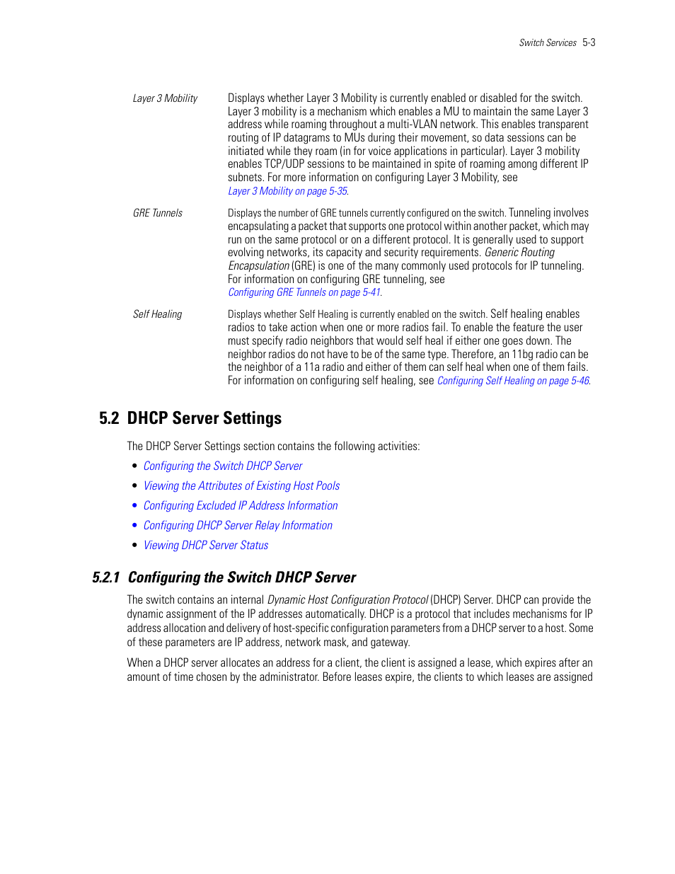 2 dhcp server settings, 1 configuring the switch dhcp server, 2 dhcp server settings -3 | 1 configuring the switch dhcp server -3, Dhcp server settings | Motorola Series Switch WS5100 User Manual | Page 173 / 364