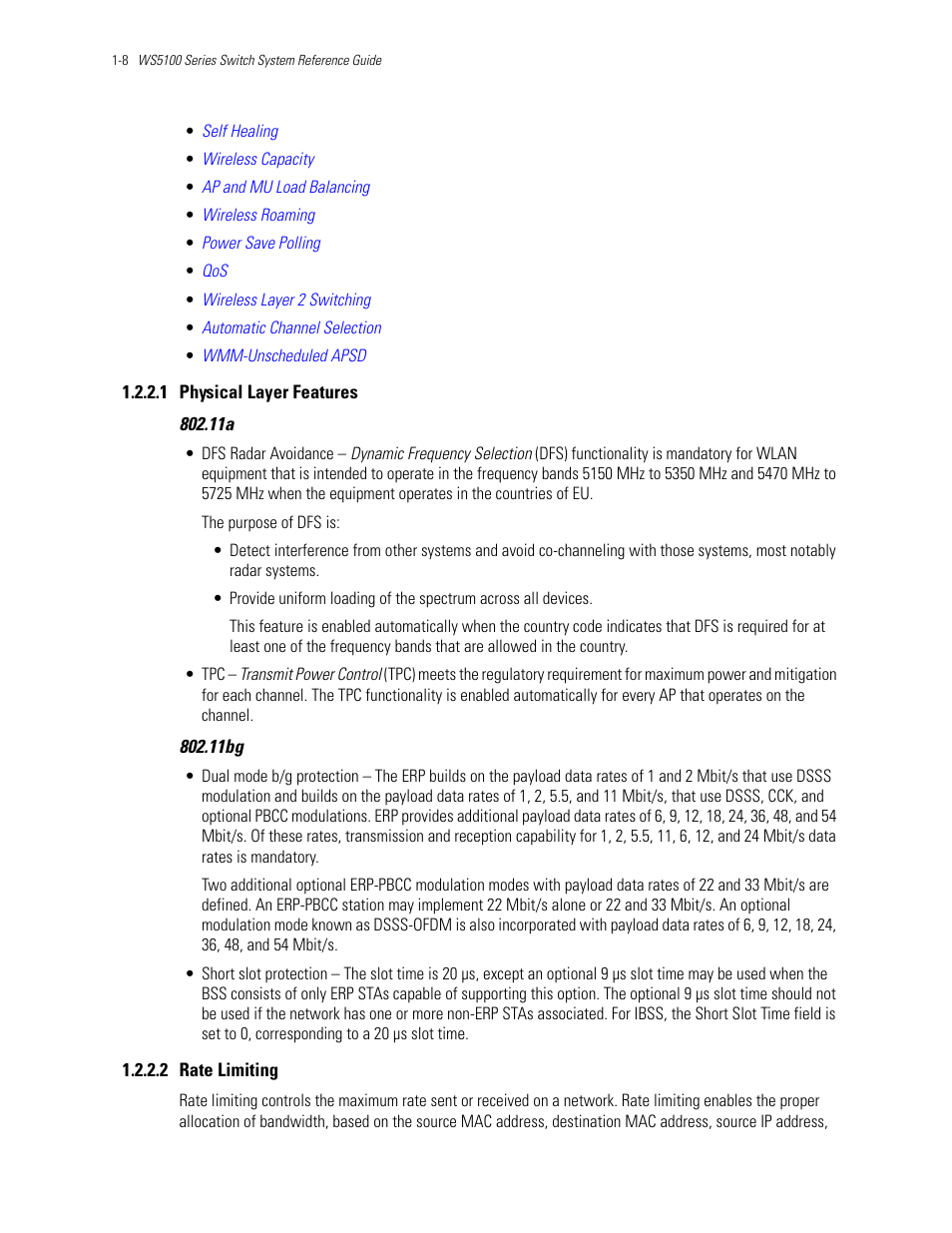 1 physical layer features, 2 rate limiting, Physical layer features | Rate limiting | Motorola Series Switch WS5100 User Manual | Page 18 / 364