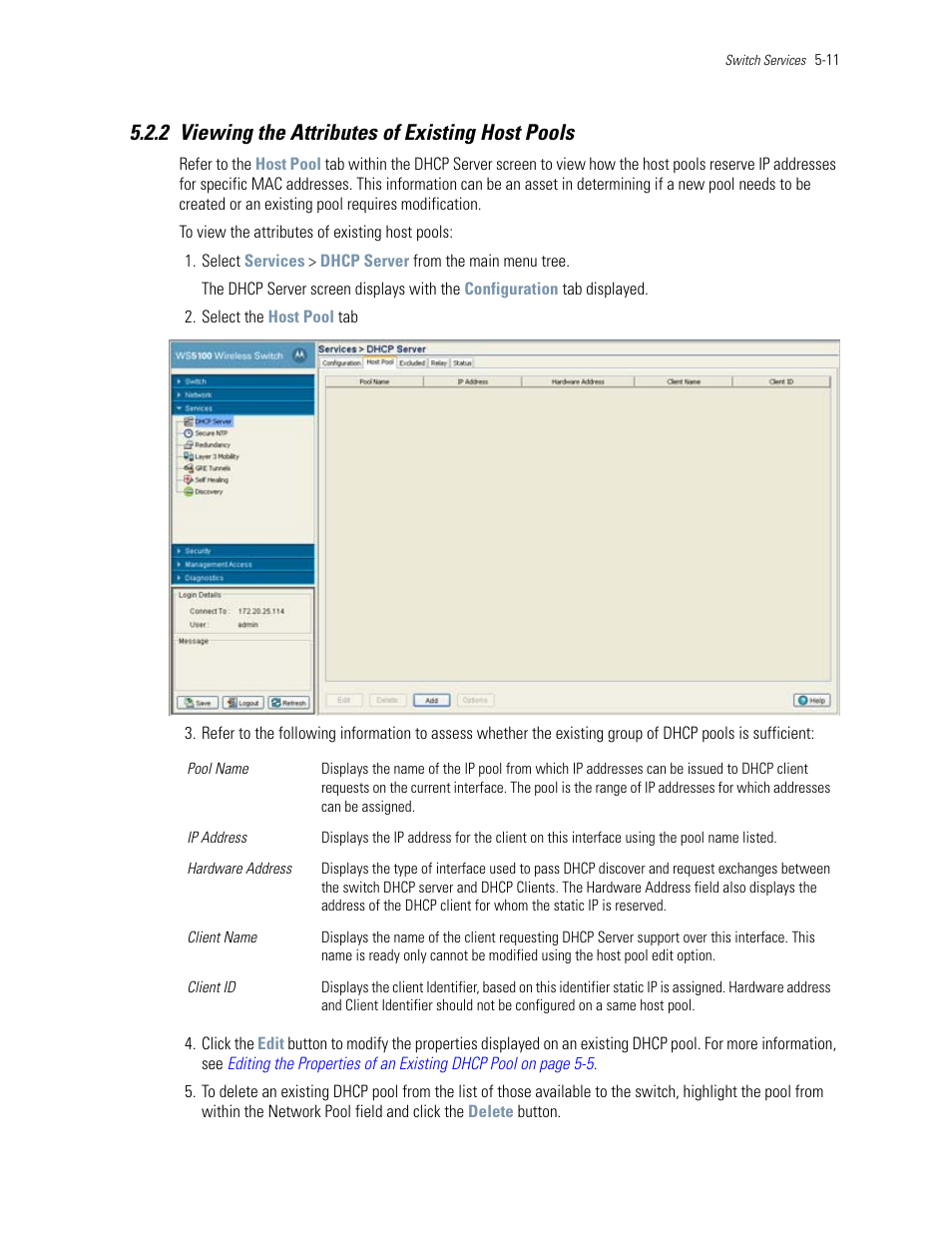 2 viewing the attributes of existing host pools, Viewing the attributes of existing host pools | Motorola Series Switch WS5100 User Manual | Page 181 / 364