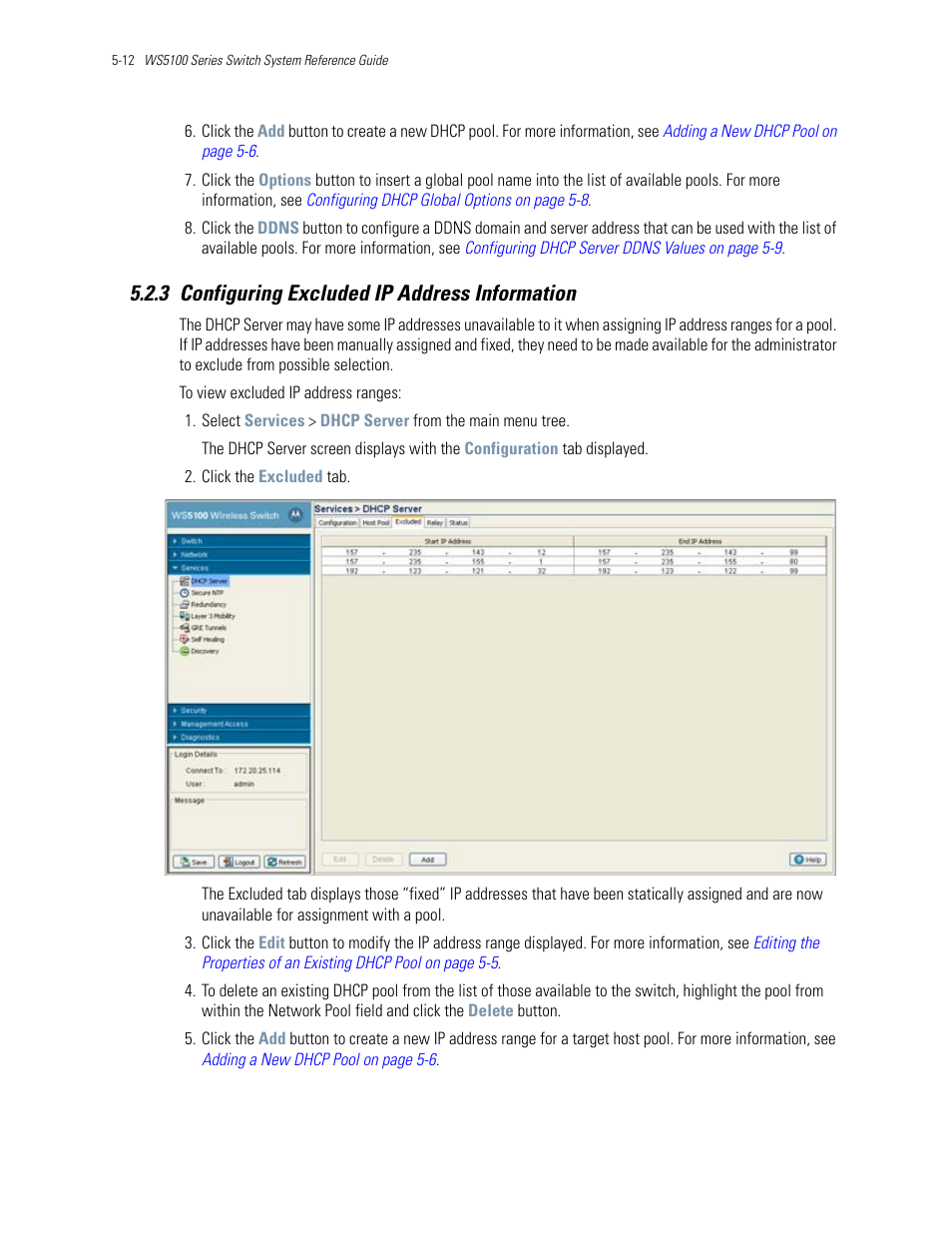 3 configuring excluded ip address information, 3 configuring excluded ip address information -12, Configuring excluded ip address information | Motorola Series Switch WS5100 User Manual | Page 182 / 364