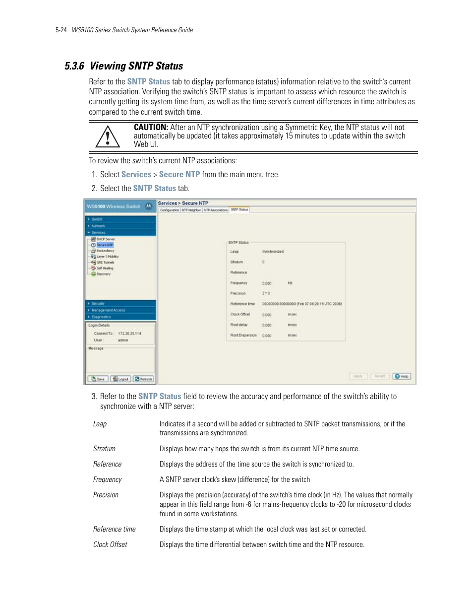 6 viewing sntp status, 6 viewing sntp status -24, Viewing sntp status | Motorola Series Switch WS5100 User Manual | Page 194 / 364