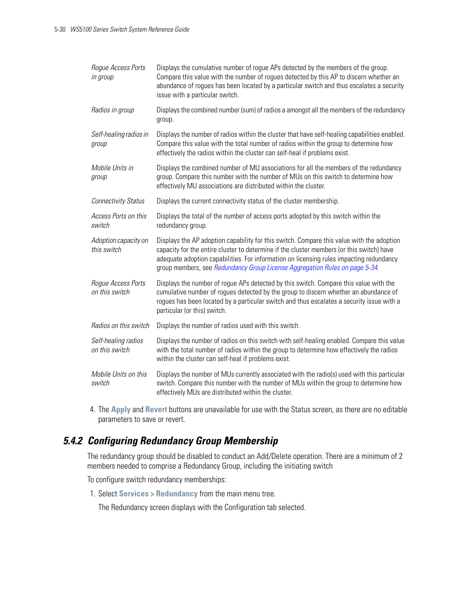 2 configuring redundancy group membership, 2 configuring redundancy group membership -30, Configuring redundancy group membership | Motorola Series Switch WS5100 User Manual | Page 200 / 364