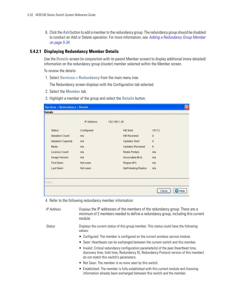 1 displaying redundancy member details | Motorola Series Switch WS5100 User Manual | Page 202 / 364