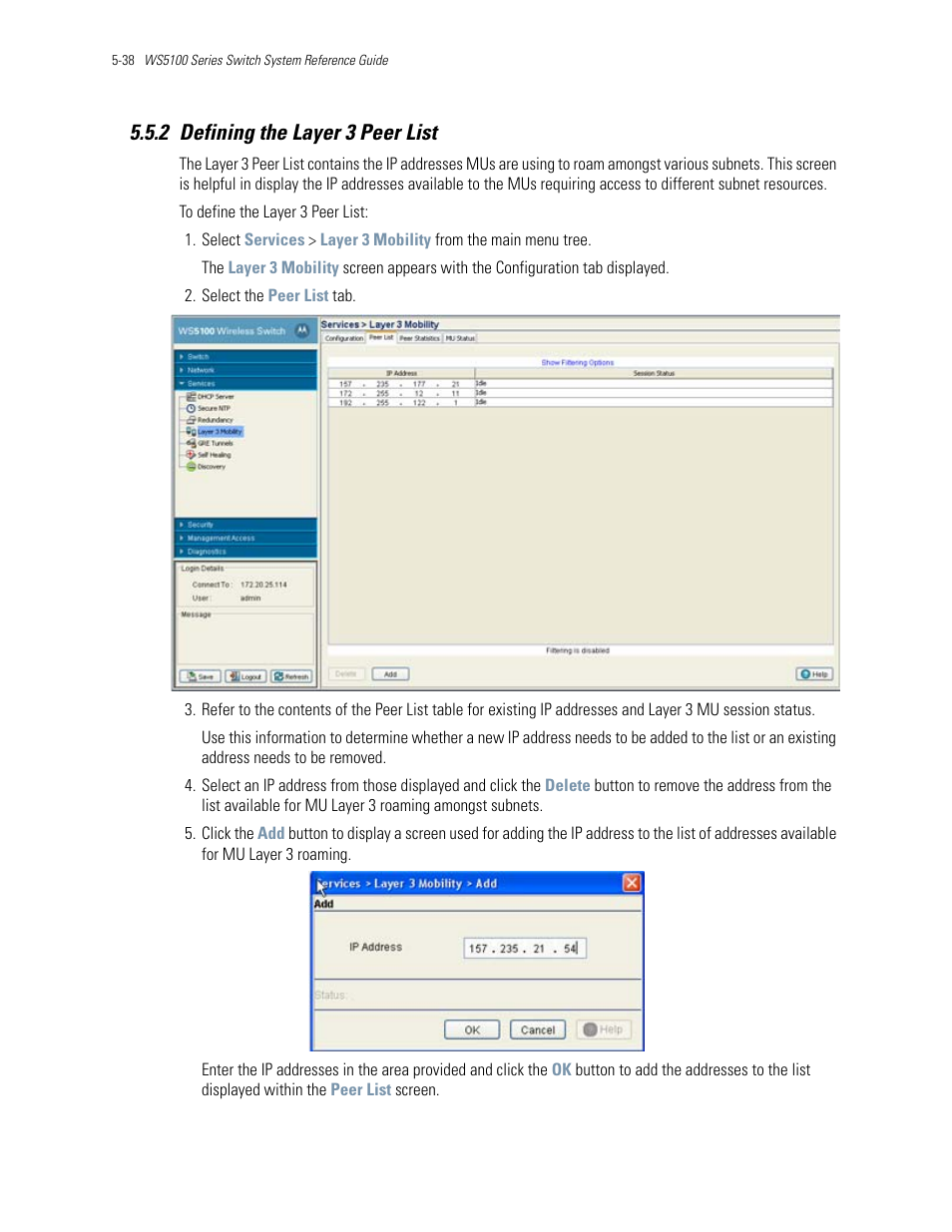 2 defining the layer 3 peer list, 2 defining the layer 3 peer list -38, Defining the layer 3 peer list | Motorola Series Switch WS5100 User Manual | Page 208 / 364