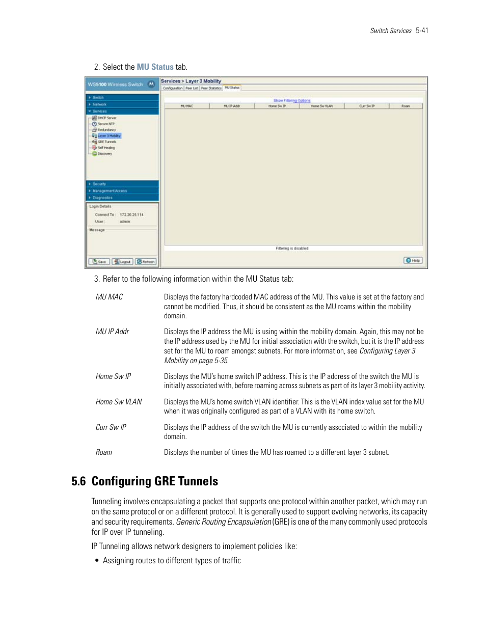 6 configuring gre tunnels, 6 configuring gre tunnels -41, Configuring gre tunnels | Motorola Series Switch WS5100 User Manual | Page 211 / 364