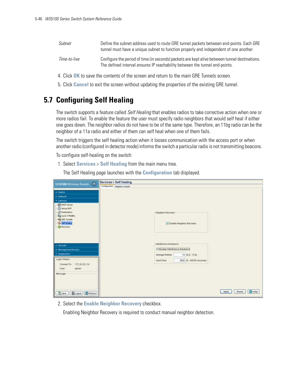 7 configuring self healing, 7 configuring self healing -46, Configuring self healing | Motorola Series Switch WS5100 User Manual | Page 216 / 364