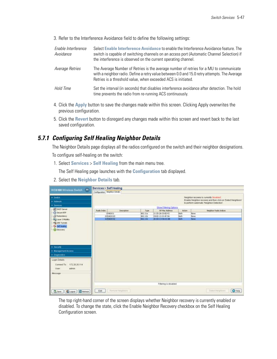 1 configuring self healing neighbor details, 1 configuring self healing neighbor details -47 | Motorola Series Switch WS5100 User Manual | Page 217 / 364