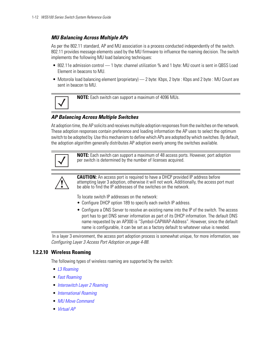 10 wireless roaming, Wireless roaming, Mu balancing across multiple aps | Ap balancing across multiple switches | Motorola Series Switch WS5100 User Manual | Page 22 / 364