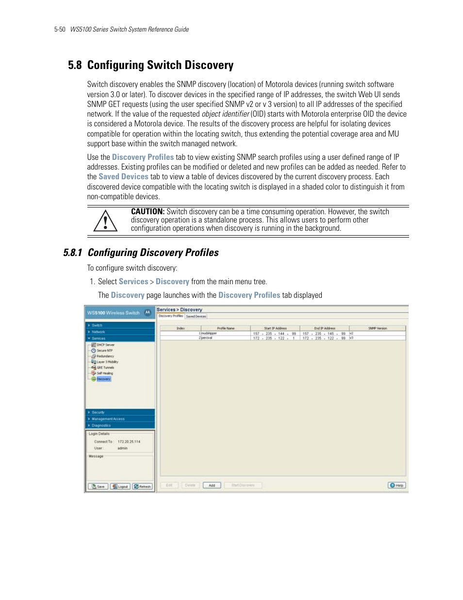 8 configuring switch discovery, 1 configuring discovery profiles, 8 configuring switch discovery -50 | 1 configuring discovery profiles -50, Configuring switch discovery | Motorola Series Switch WS5100 User Manual | Page 220 / 364