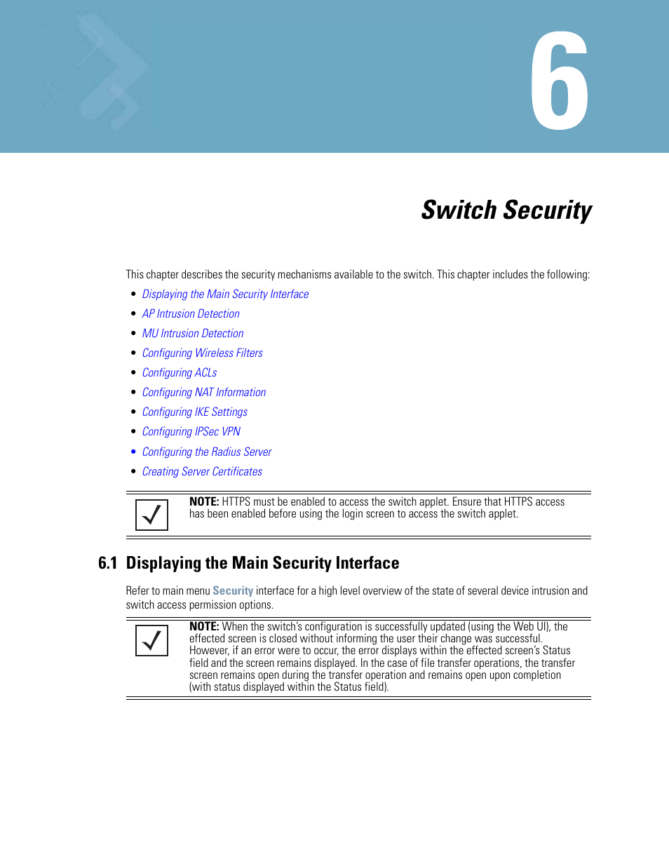 Switch security, 1 displaying the main security interface, Chapter 6. switch security | 1 displaying the main security interface -1 | Motorola Series Switch WS5100 User Manual | Page 225 / 364