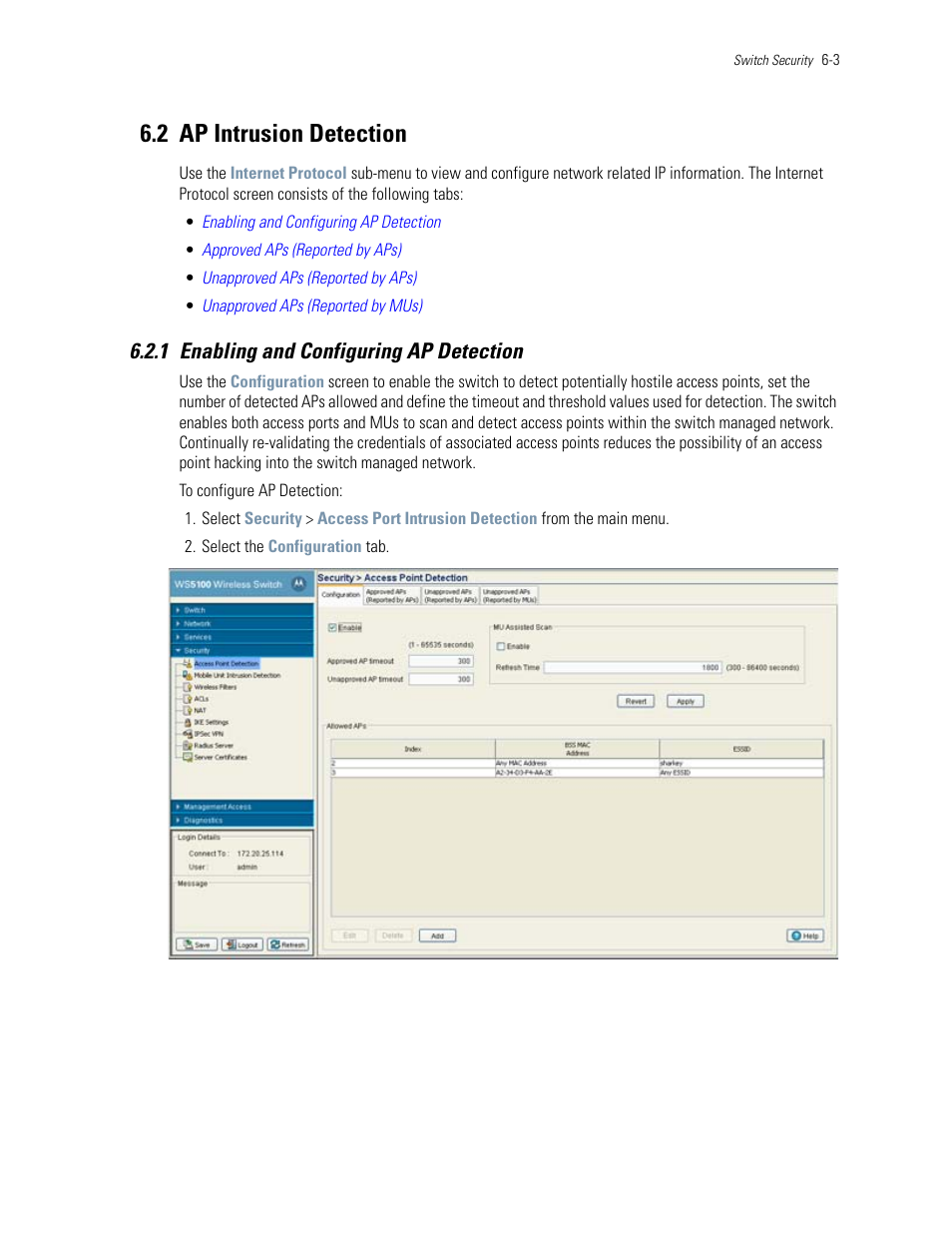 2 ap intrusion detection, 1 enabling and configuring ap detection, 2 ap intrusion detection -3 | 1 enabling and configuring ap detection -3, Ap intrusion detection | Motorola Series Switch WS5100 User Manual | Page 227 / 364