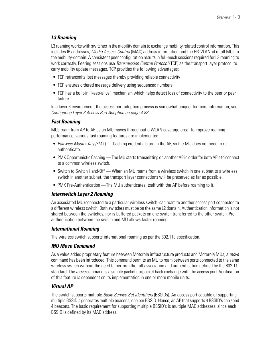 L3 roaming, Fast roaming, Interswitch layer 2 roaming | International roaming, Mu move command, Virtual ap | Motorola Series Switch WS5100 User Manual | Page 23 / 364