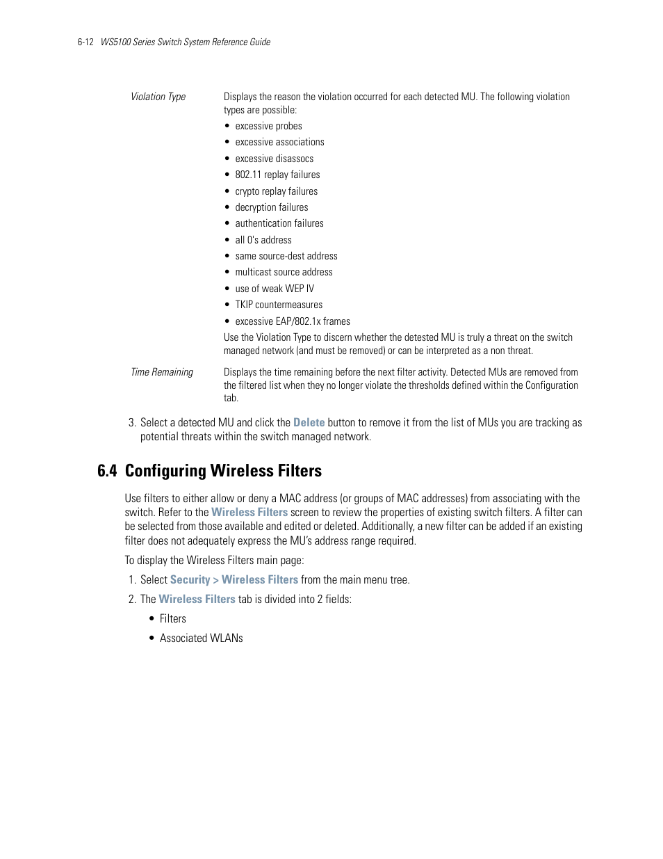 4 configuring wireless filters, 4 configuring wireless filters -12, Configuring wireless filters | Configuring | Motorola Series Switch WS5100 User Manual | Page 236 / 364