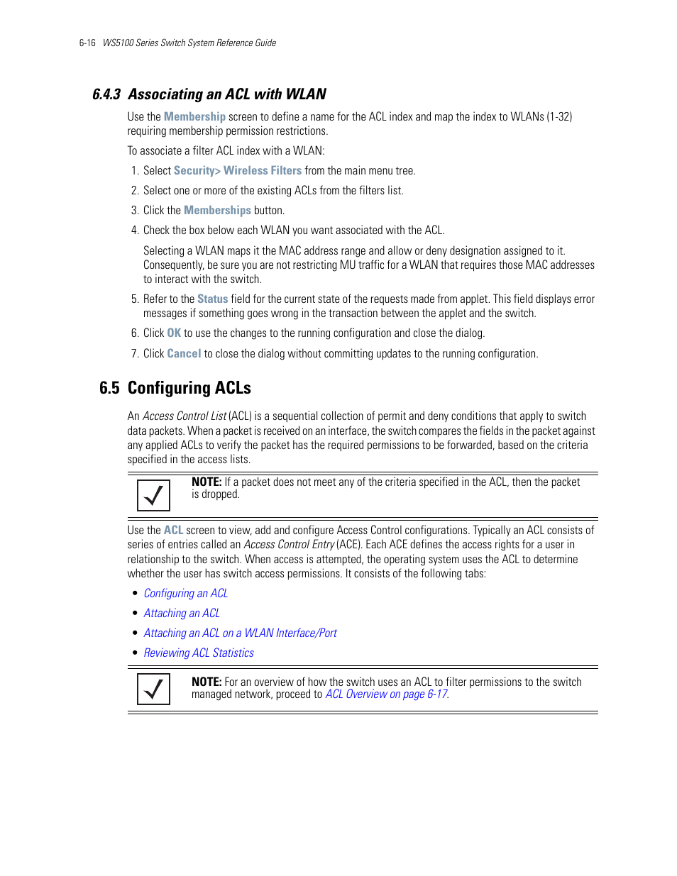 3 associating an acl with wlan, 5 configuring acls, 3 associating an acl with wlan -16 | 5 configuring acls -16, Configuring acls | Motorola Series Switch WS5100 User Manual | Page 240 / 364