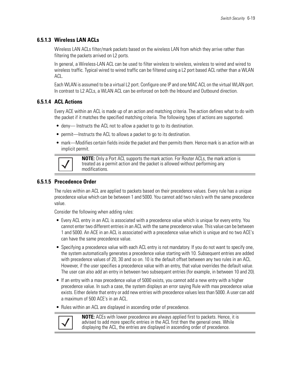 3 wireless lan acls, 4 acl actions, 5 precedence order | Wireless lan acls, Acl actions, Precedence order | Motorola Series Switch WS5100 User Manual | Page 243 / 364