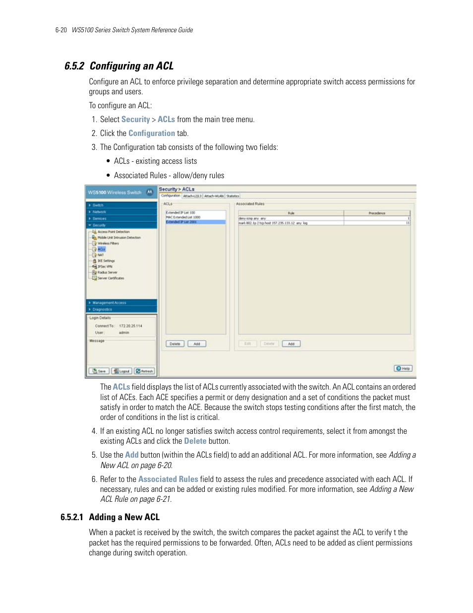 2 configuring an acl, 1 adding a new acl, 2 configuring an acl -20 | Configuring an acl | Motorola Series Switch WS5100 User Manual | Page 244 / 364