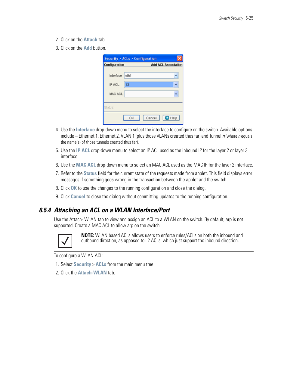 4 attaching an acl on a wlan interface/port, 4 attaching an acl on a wlan interface/port -25, Attaching an acl on a wlan interface/port | Motorola Series Switch WS5100 User Manual | Page 249 / 364