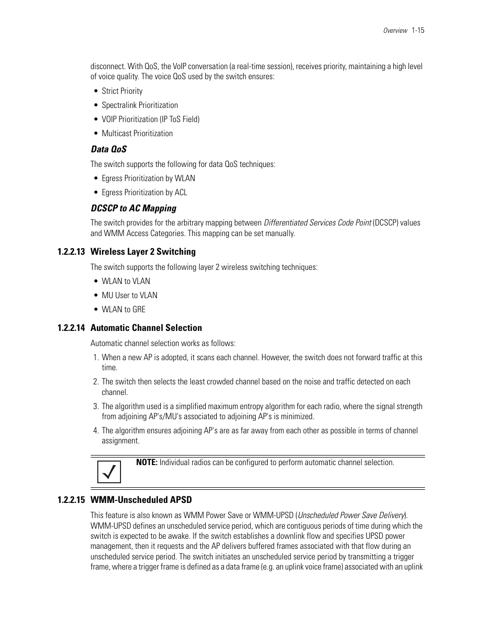 13 wireless layer 2 switching, 14 automatic channel selection, 15 wmm-unscheduled apsd | Wireless layer 2 switching, Automatic channel selection, Wmm-unscheduled apsd | Motorola Series Switch WS5100 User Manual | Page 25 / 364