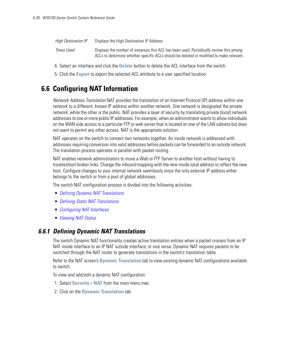 6 configuring nat information, 1 defining dynamic nat translations, 6 configuring nat information -28 | 1 defining dynamic nat translations -28, Configuring nat information | Motorola Series Switch WS5100 User Manual | Page 252 / 364