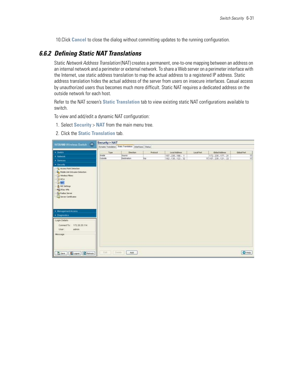 2 defining static nat translations, 2 defining static nat translations -31, Defining static nat translations | Motorola Series Switch WS5100 User Manual | Page 255 / 364