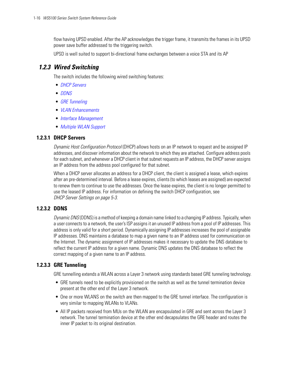 3 wired switching, 1 dhcp servers, 2 ddns | 3 gre tunneling, 3 wired switching -16, Wired switching | Motorola Series Switch WS5100 User Manual | Page 26 / 364