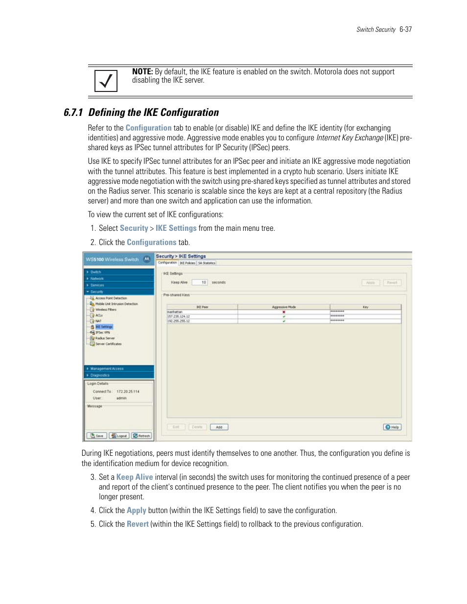 1 defining the ike configuration, 1 defining the ike configuration -37, Defining the ike configuration | Motorola Series Switch WS5100 User Manual | Page 261 / 364