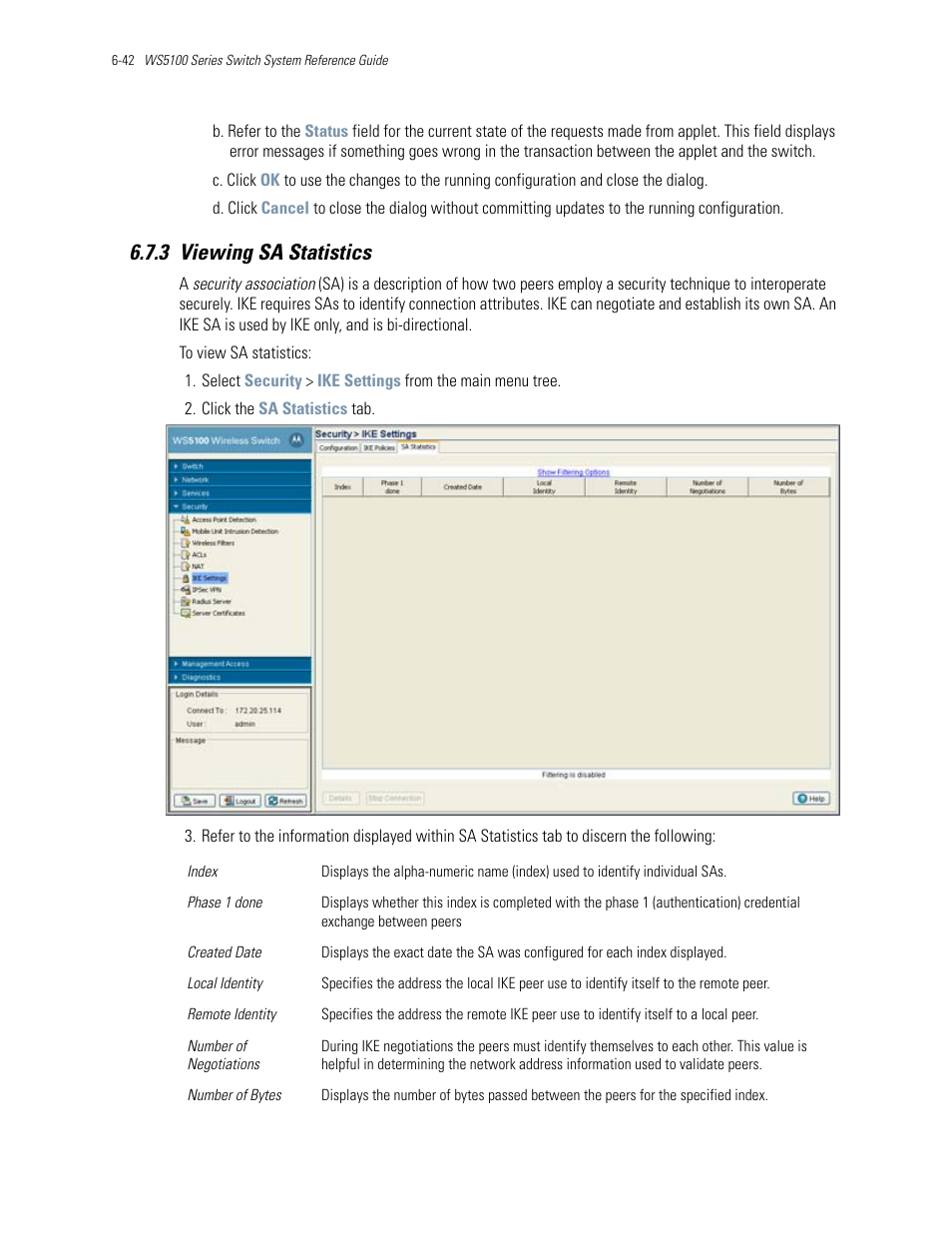 3 viewing sa statistics, 3 viewing sa statistics -42, Viewing sa statistics | Motorola Series Switch WS5100 User Manual | Page 266 / 364