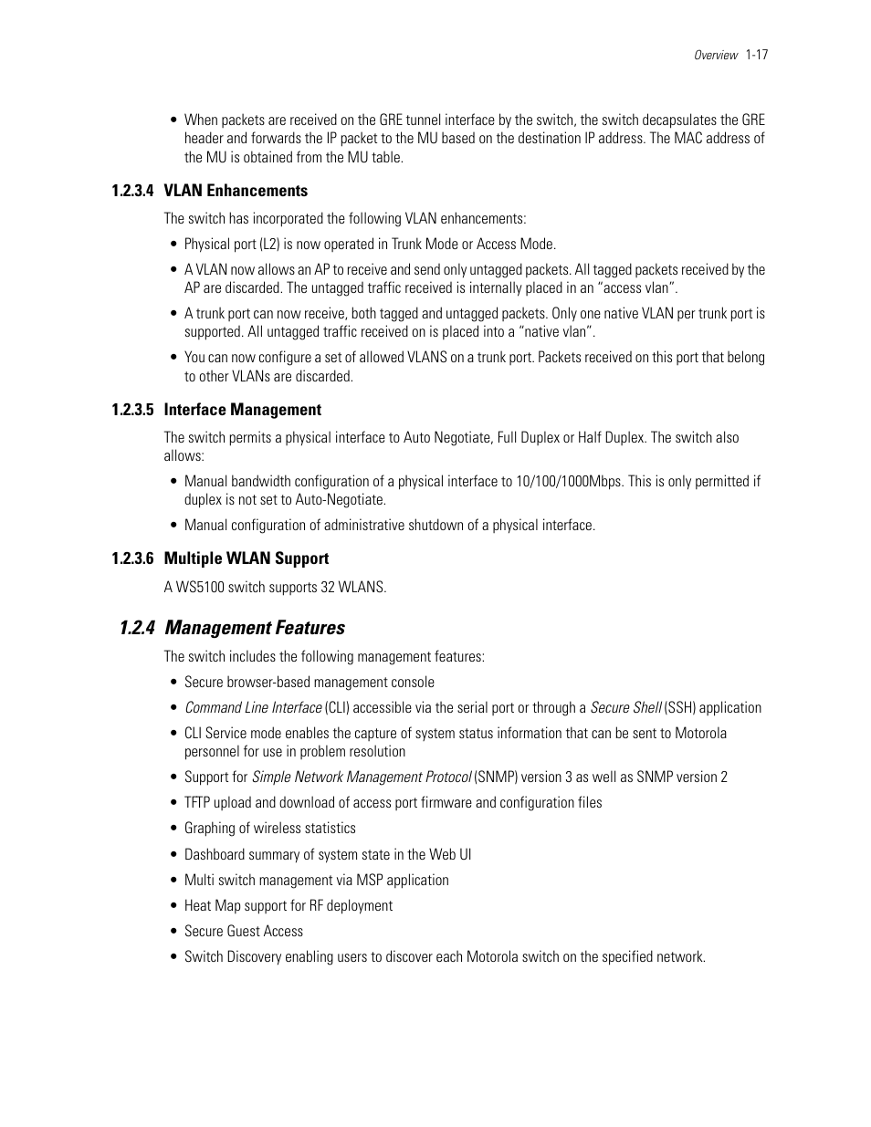 4 vlan enhancements, 5 interface management, 6 multiple wlan support | 4 management features, 4 management features -17, Management features, Vlan enhancements, Interface management, Multiple wlan support | Motorola Series Switch WS5100 User Manual | Page 27 / 364