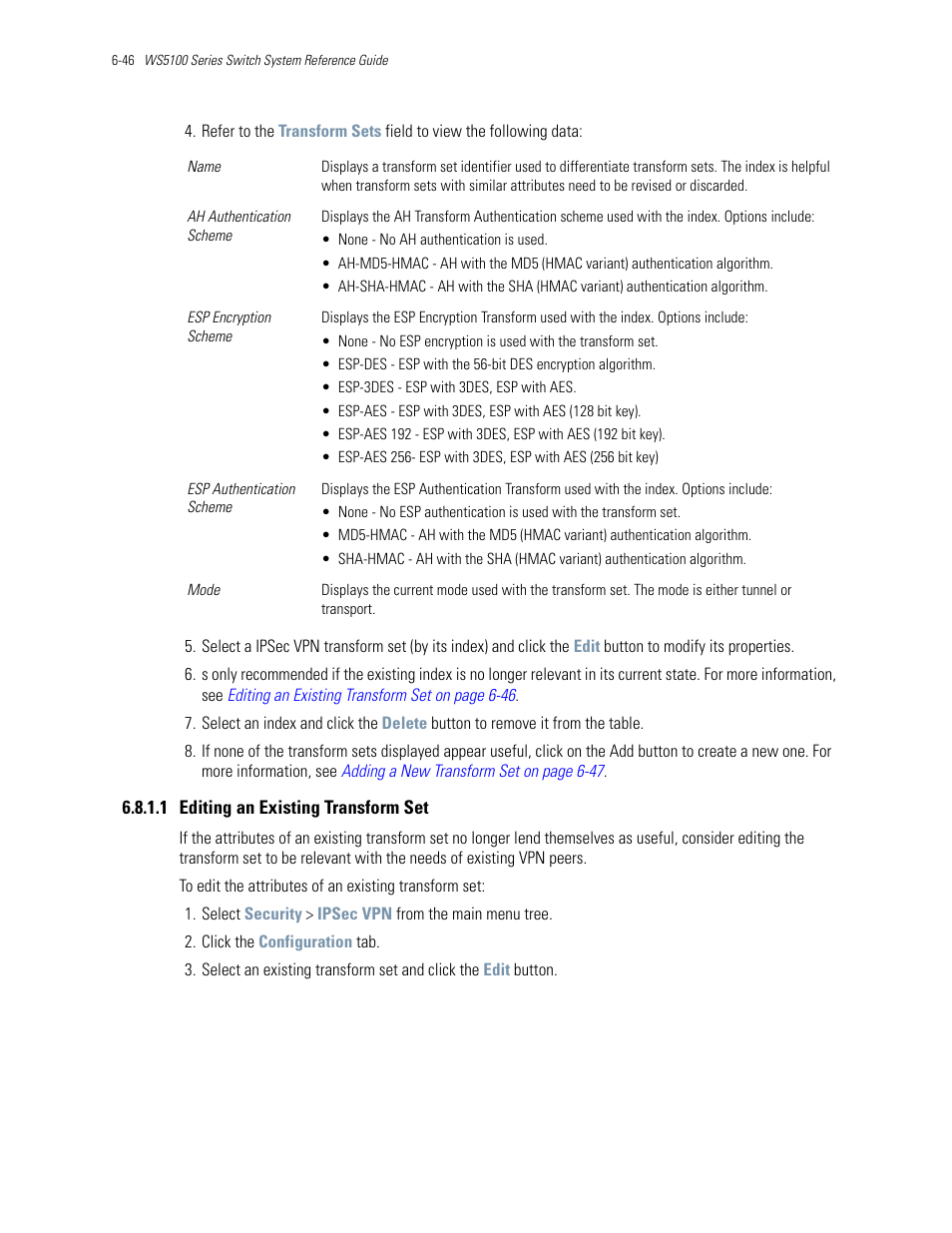 1 editing an existing transform set | Motorola Series Switch WS5100 User Manual | Page 270 / 364