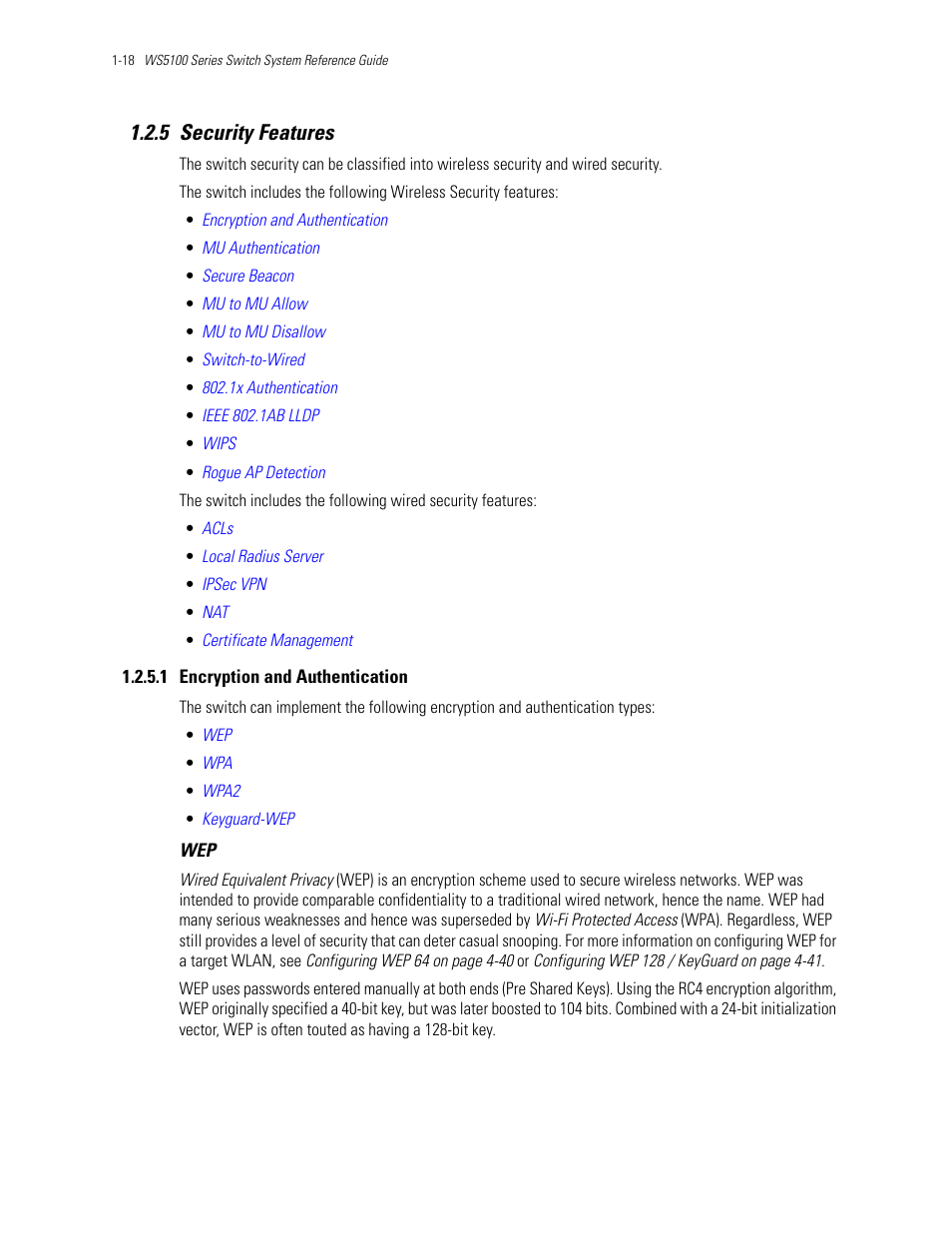 5 security features, 1 encryption and authentication, 5 security features -18 | Security features | Motorola Series Switch WS5100 User Manual | Page 28 / 364