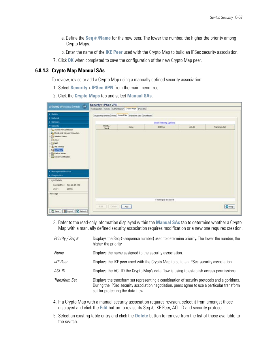 3 crypto map manual sas, Crypto map manual sas | Motorola Series Switch WS5100 User Manual | Page 281 / 364