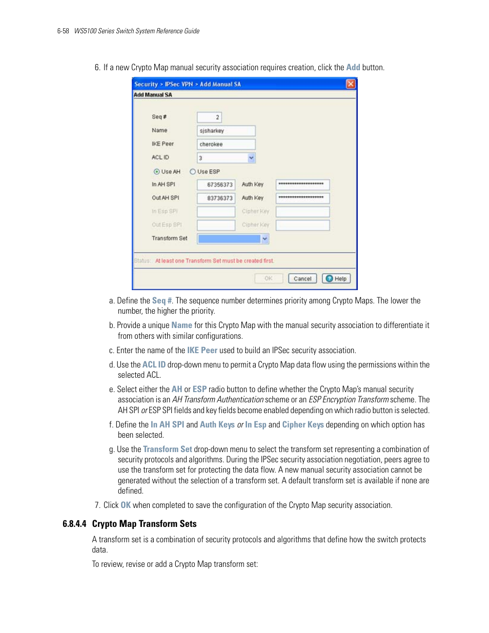 4 crypto map transform sets, Crypto map transform sets | Motorola Series Switch WS5100 User Manual | Page 282 / 364