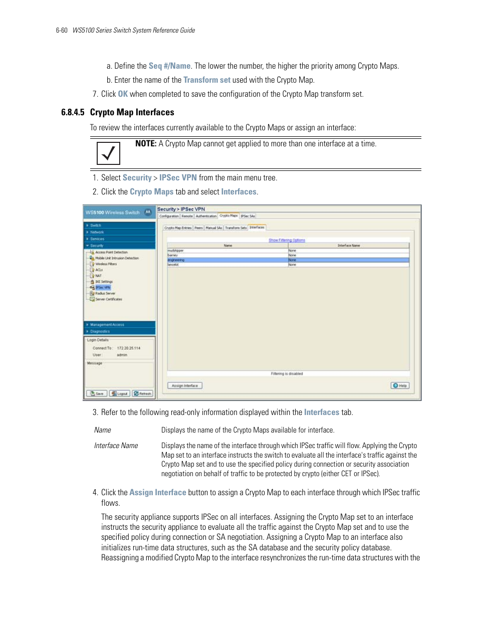 5 crypto map interfaces, Crypto map interfaces | Motorola Series Switch WS5100 User Manual | Page 284 / 364