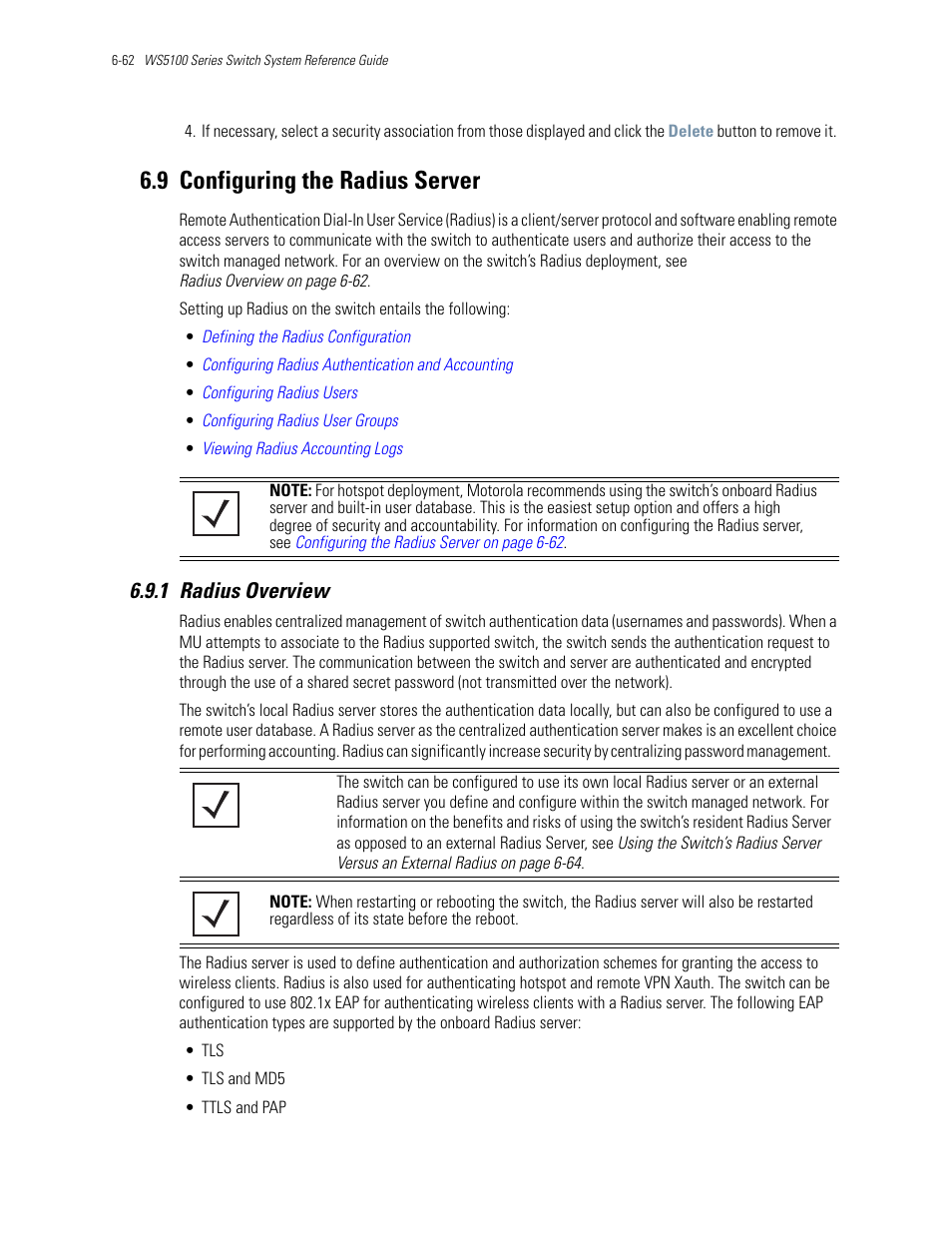 9 configuring the radius server, 1 radius overview, 9 configuring the radius server -62 | 1 radius overview -62, Configuring the radius server on, The switch, Configuring the radius server | Motorola Series Switch WS5100 User Manual | Page 286 / 364