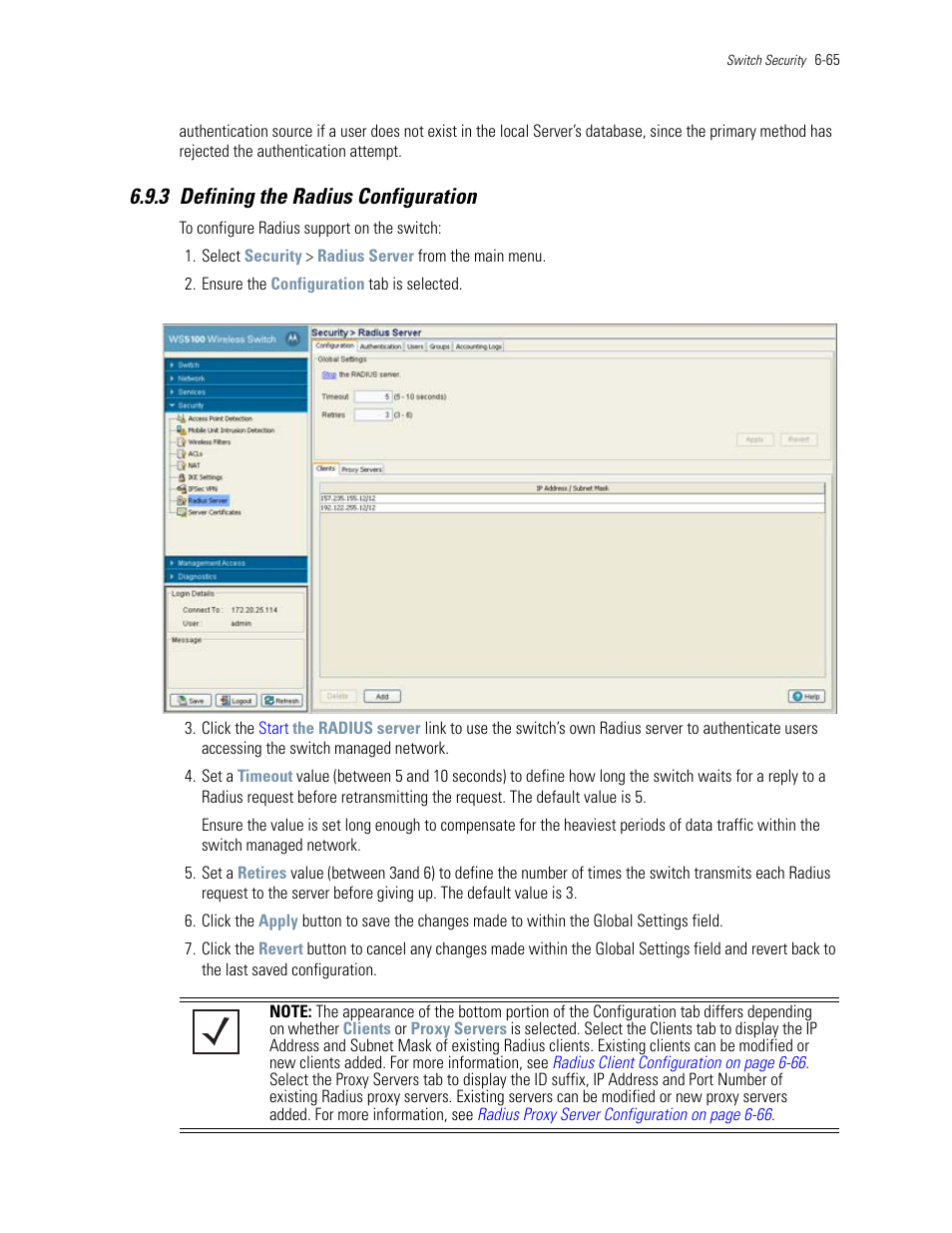 3 defining the radius configuration, 3 defining the radius configuration -65, Defining the radius configuration | Motorola Series Switch WS5100 User Manual | Page 289 / 364