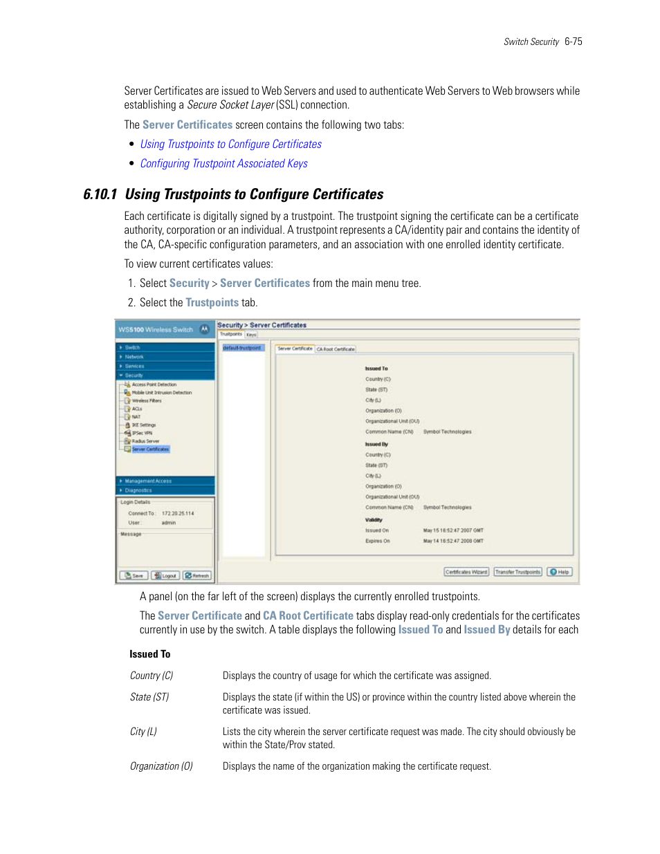 1 using trustpoints to configure certificates, 1 using trustpoints to configure certificates -75 | Motorola Series Switch WS5100 User Manual | Page 299 / 364