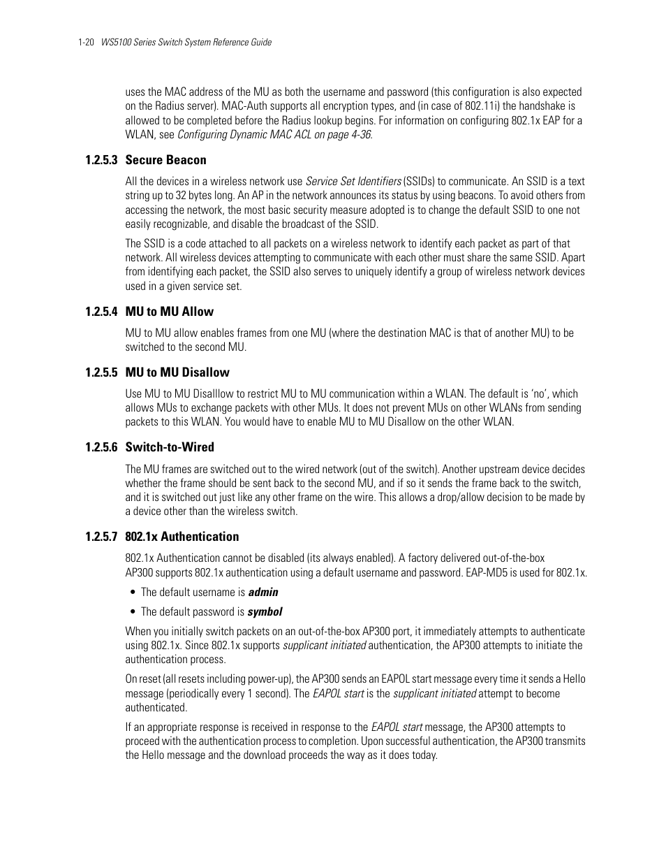 3 secure beacon, 4 mu to mu allow, 5 mu to mu disallow | 6 switch-to-wired, 7 802.1x authentication, Secure beacon, Mu to mu allow, Mu to mu disallow, Switch-to-wired, 1x authentication | Motorola Series Switch WS5100 User Manual | Page 30 / 364