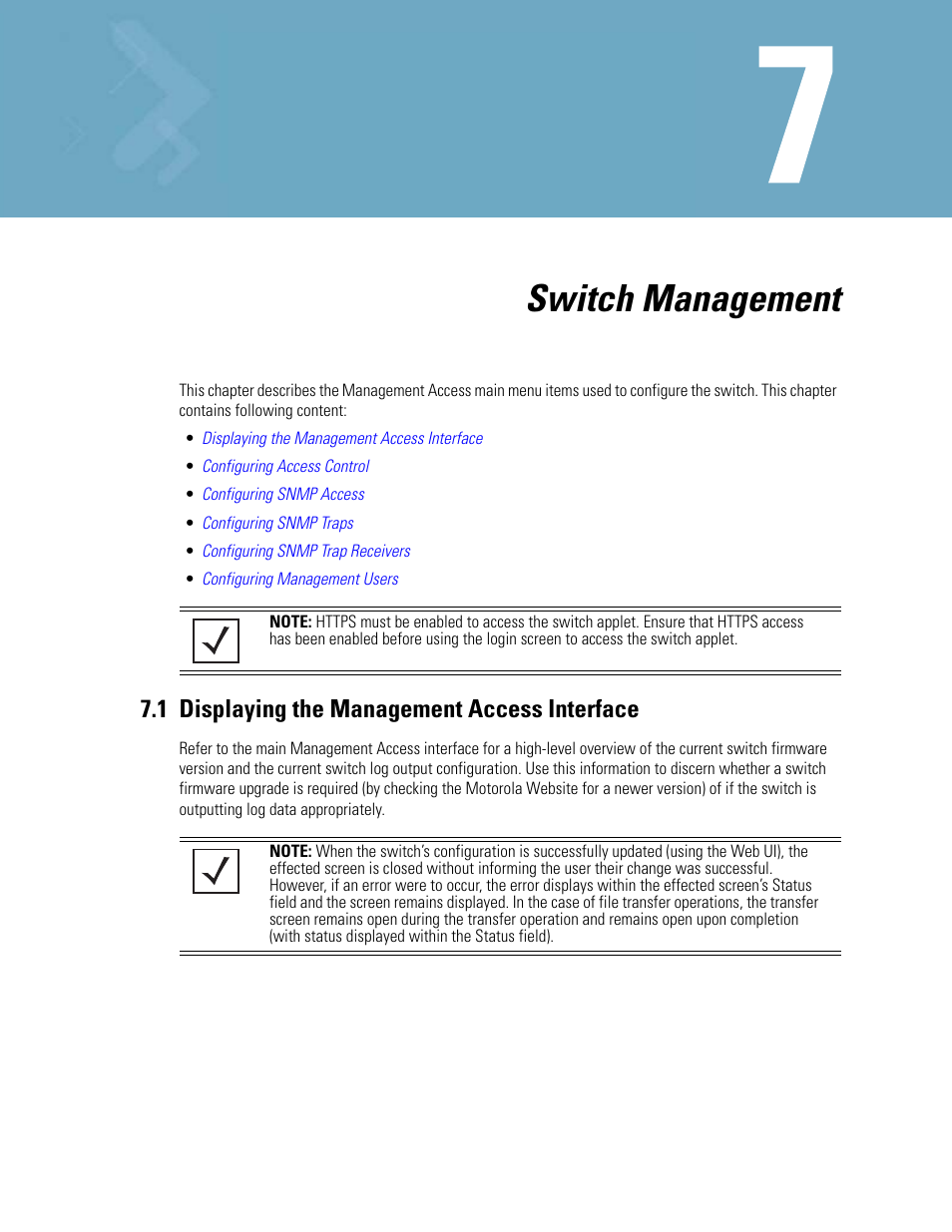 Switch management, 1 displaying the management access interface, Chapter 7. switch management | 1 displaying the management access interface -1 | Motorola Series Switch WS5100 User Manual | Page 309 / 364