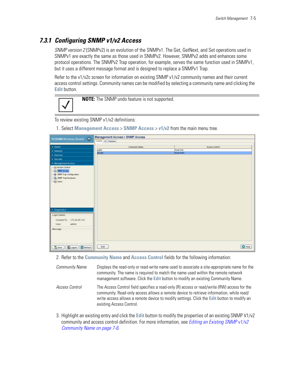 1 configuring snmp v1/v2 access, 1 configuring snmp v1/v2 access -5 | Motorola Series Switch WS5100 User Manual | Page 313 / 364