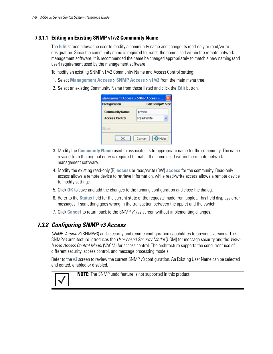 1 editing an existing snmp v1/v2 community name, 2 configuring snmp v3 access, 2 configuring snmp v3 access -6 | Motorola Series Switch WS5100 User Manual | Page 314 / 364