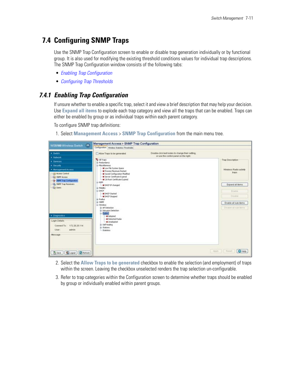 4 configuring snmp traps, 1 enabling trap configuration, 4 configuring snmp traps -11 | 1 enabling trap configuration -11, Configuring snmp traps | Motorola Series Switch WS5100 User Manual | Page 319 / 364