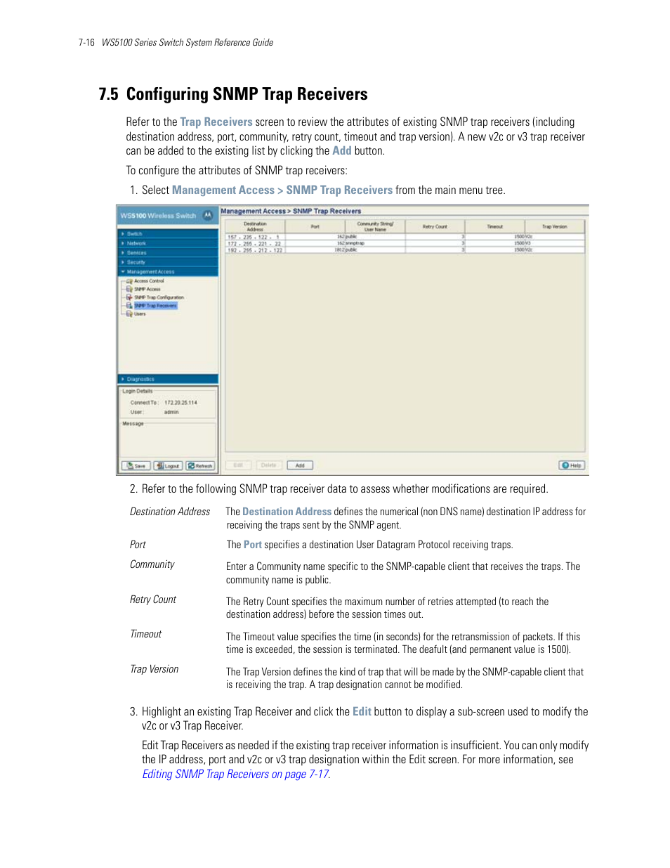 5 configuring snmp trap receivers, 5 configuring snmp trap receivers -16, Configuring snmp trap receivers | Motorola Series Switch WS5100 User Manual | Page 324 / 364