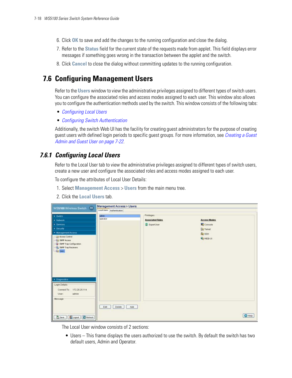 6 configuring management users, 1 configuring local users, 6 configuring management users -18 | 1 configuring local users -18, Configuring management users | Motorola Series Switch WS5100 User Manual | Page 326 / 364