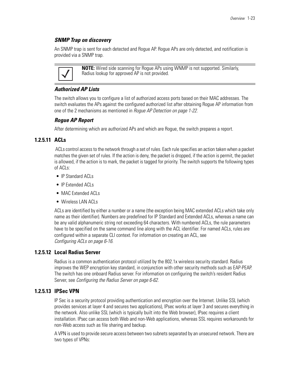 11 acls, 12 local radius server, 13 ipsec vpn | Acls, Local radius server, Ipsec vpn, Snmp trap on discovery, Authorized ap lists, Rogue ap report | Motorola Series Switch WS5100 User Manual | Page 33 / 364