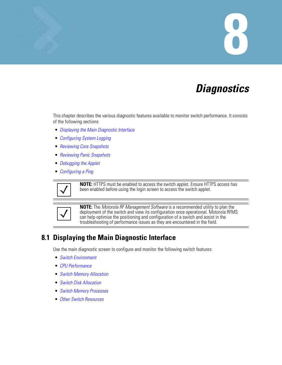 Diagnostics, 1 displaying the main diagnostic interface, Chapter 8. diagnostics | 1 displaying the main diagnostic interface -1 | Motorola Series Switch WS5100 User Manual | Page 337 / 364