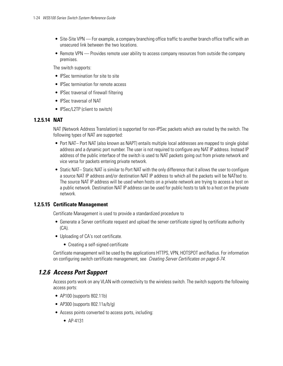 14 nat, 15 certificate management, 6 access port support | 6 access port support -24, Access port support, Certificate management | Motorola Series Switch WS5100 User Manual | Page 34 / 364