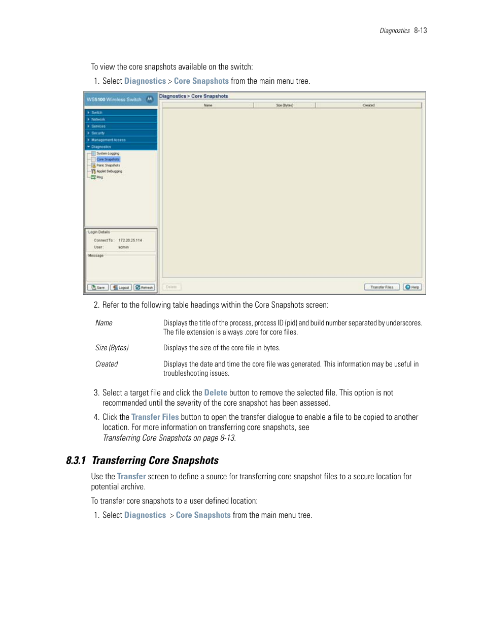 1 transferring core snapshots, 1 transferring core snapshots -13 | Motorola Series Switch WS5100 User Manual | Page 349 / 364