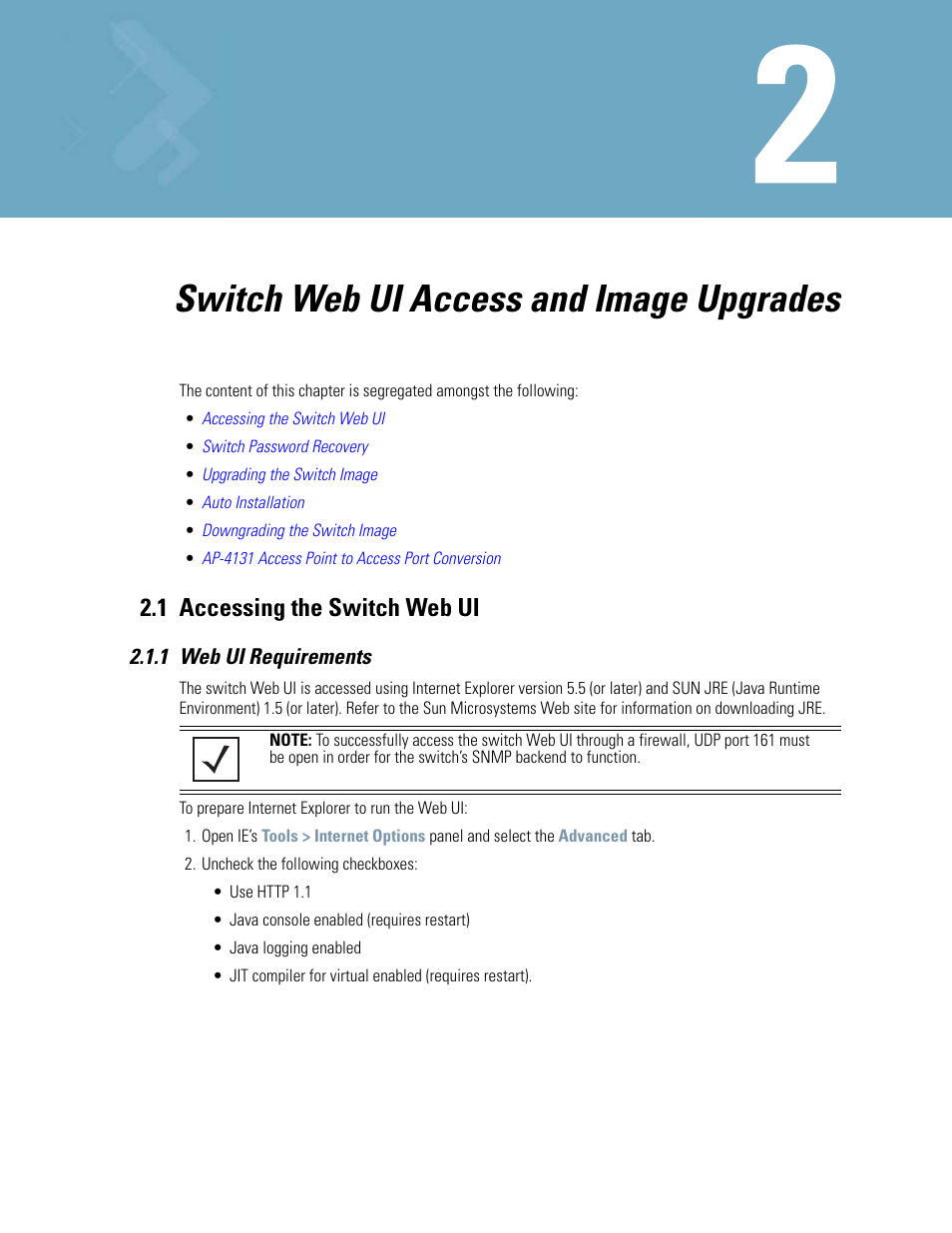 Switch web ui access and image upgrades, 1 accessing the switch web ui, 1 web ui requirements | Chapter 2. switch web ui access and image upgrades, 1 accessing the switch web ui -1, 1 web ui requirements -1 | Motorola Series Switch WS5100 User Manual | Page 35 / 364