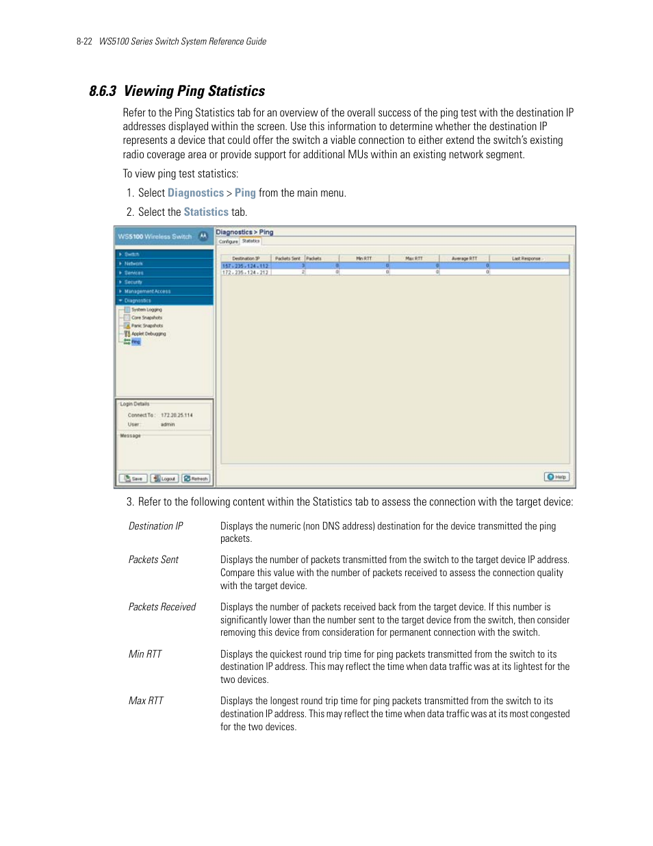 3 viewing ping statistics, 3 viewing ping statistics -22 | Motorola Series Switch WS5100 User Manual | Page 358 / 364