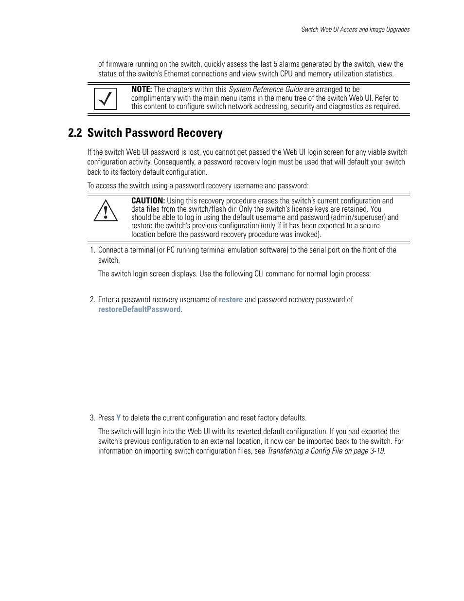 2 switch password recovery, 2 switch password recovery -3, Switch password recovery | Motorola Series Switch WS5100 User Manual | Page 37 / 364